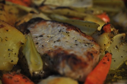 Grilled pork chops with baked bell peppers