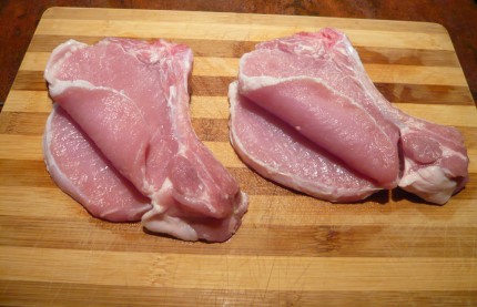 Pork chops prepared for stuffing