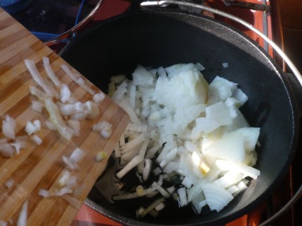 Cooking onion in hot olive oil